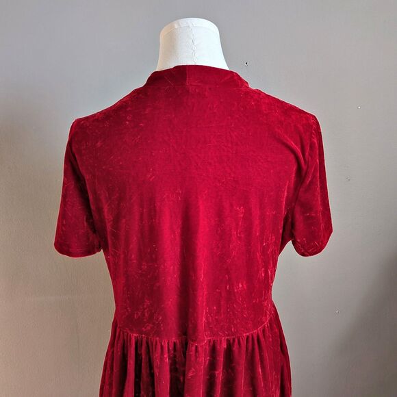 Vintage 90s Ashley Le Mieux Red Crushed Velvet Babydoll Dress Mock Neck Size L - Picture 6 of 8